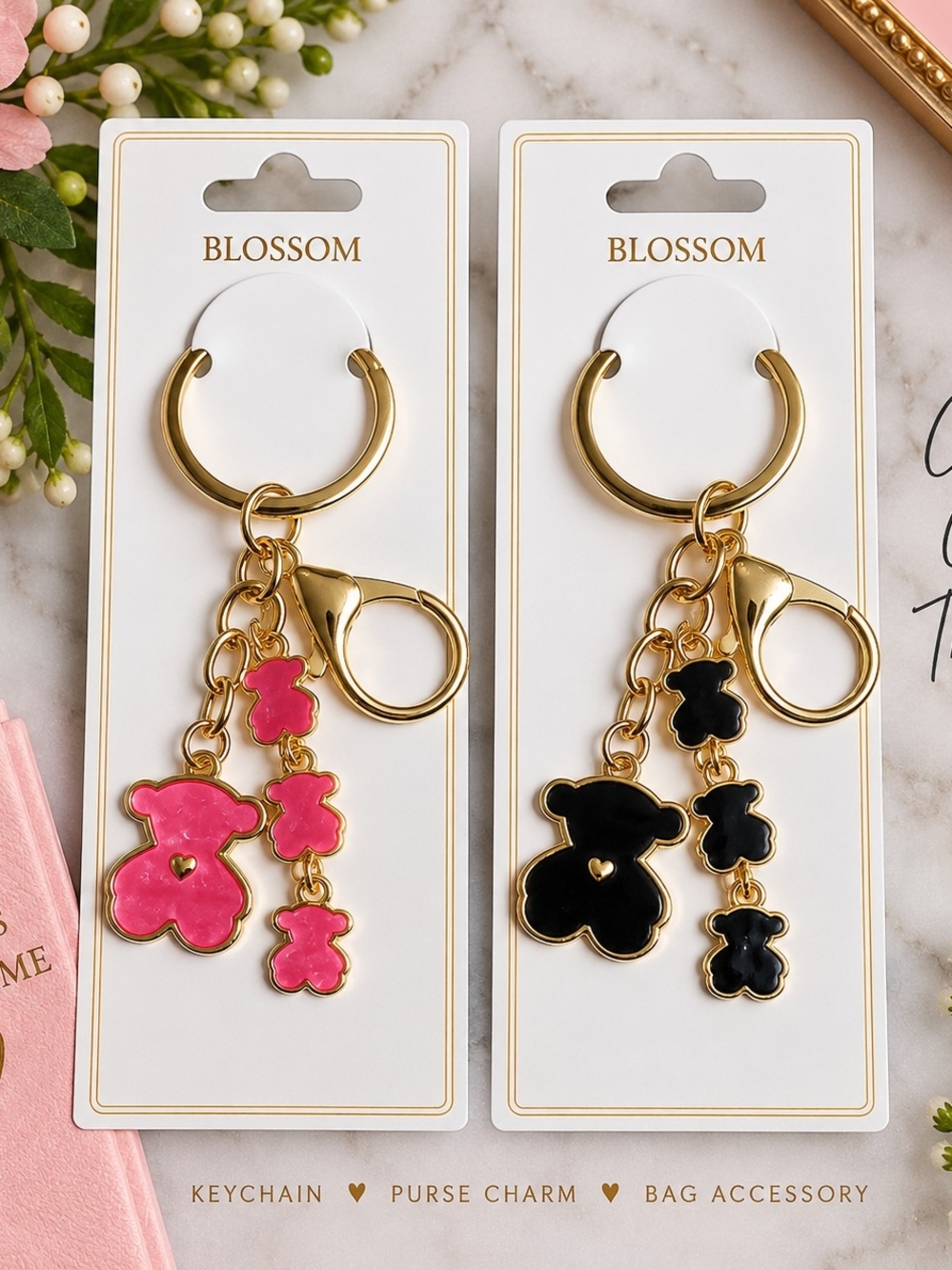 Blossom Teddy Bear Purse Charm Keychain β Pink or Black Gold Tone